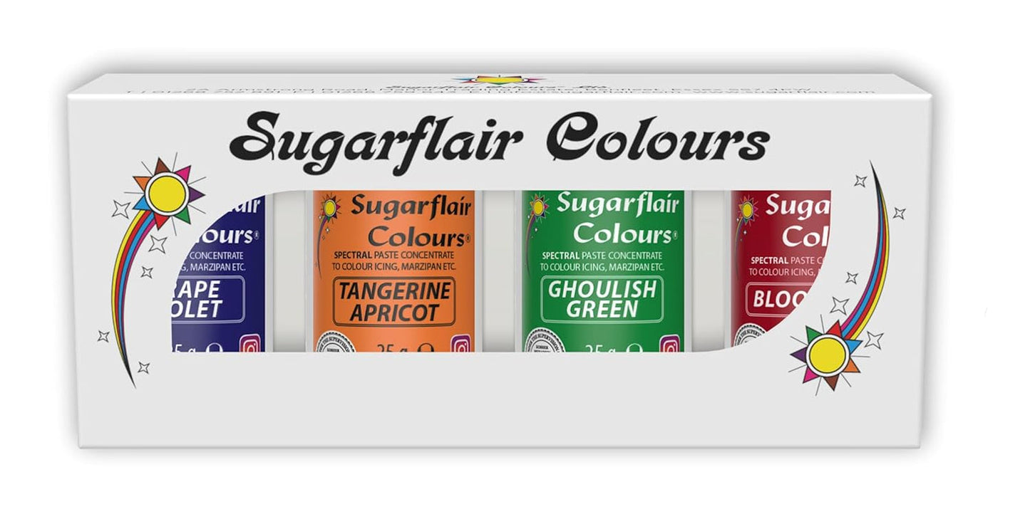 Sugarflair Pasta Food Coloring Set/4 Coloranti alimentari per pasta, fondente, marzapane, pasta di zucchero, crema al burro e altro ancora: verde macabro, viola uva, rosso sangue