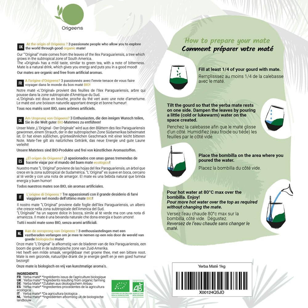 ORIGEENS BIO YERBA MATE TEA 1 KG - L'Originale I Non tostato, foglie, senza gambi, polvere e briciole I Bevanda energizzante e disintossicante