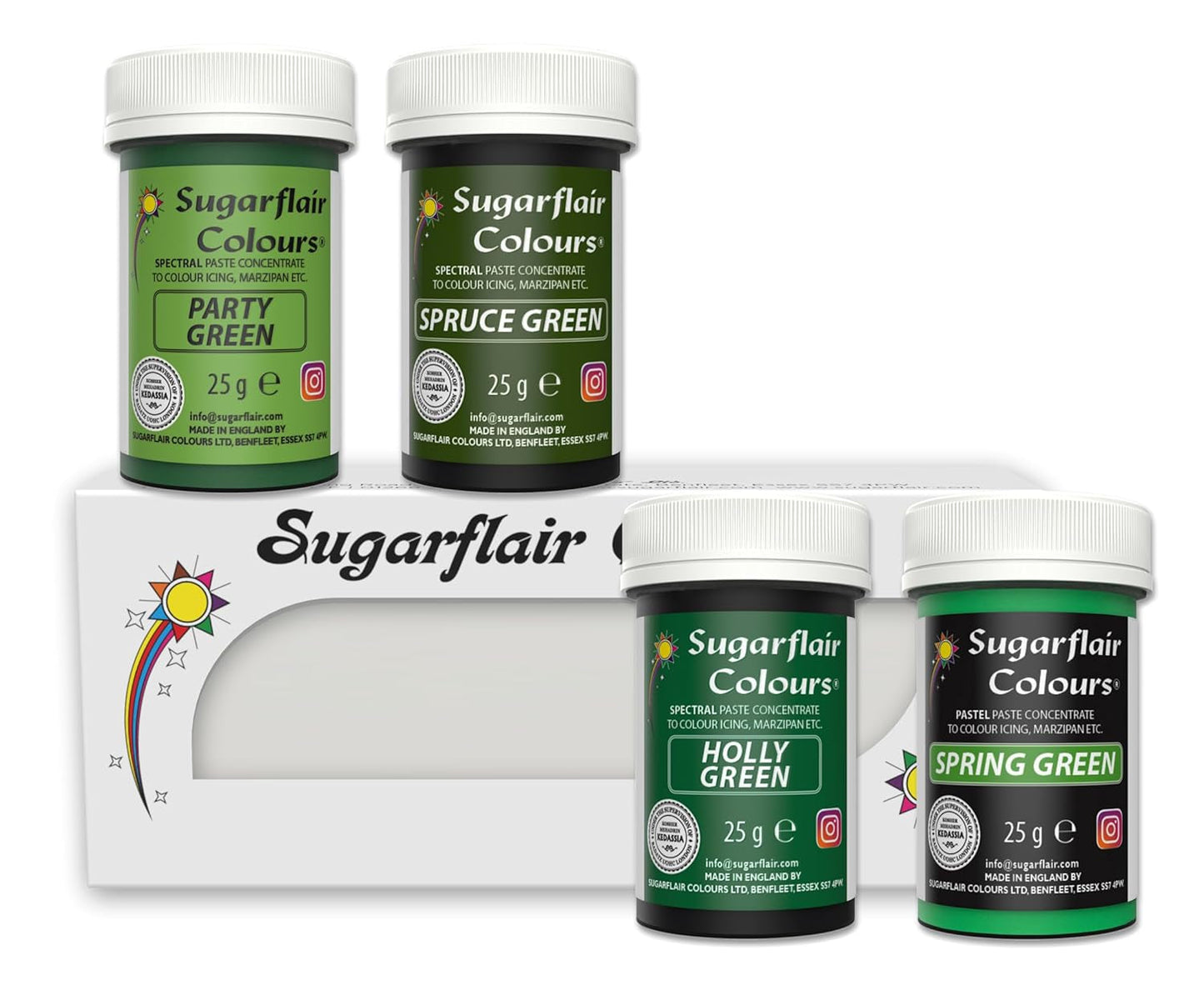 Sugarflair Pasta Colorante Alimentare, Verde, Set da 4, Colorante Alimentare per Pasta, Fondente, Marzapane, Pasta di Zucchero, Crema al Burro e Altro: Verde Ilex, Verde Primavera, Verde Abete, Verde Festa - Set di 4