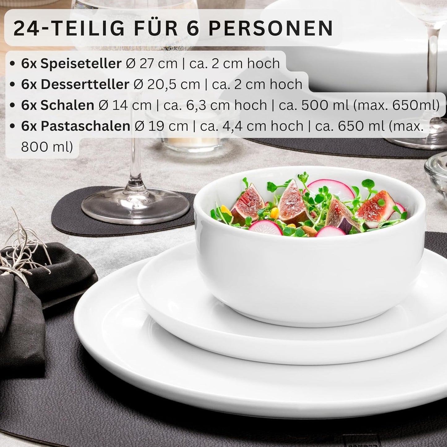 SANGER | Marlo White Servizio Piatti Servizio Piatti 24 Pezzi per 6 con Piatti Dessert, Piatti Piani, Ciotole e Ciotole per Cereali Set Piatti Piani in Porcellana Stoviglie Design Moderno COLLEZIONE PREMIUM
