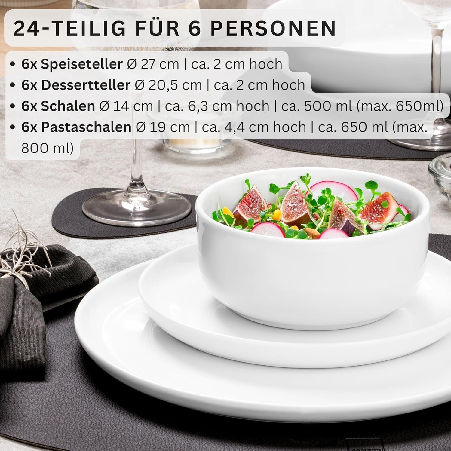SANGER | Marlo White Servizio Piatti Servizio Piatti 24 Pezzi per 6 con Piatti Dessert, Piatti Piani, Ciotole e Ciotole per Cereali Set Piatti Piani in Porcellana Stoviglie Design Moderno COLLEZIONE PREMIUM