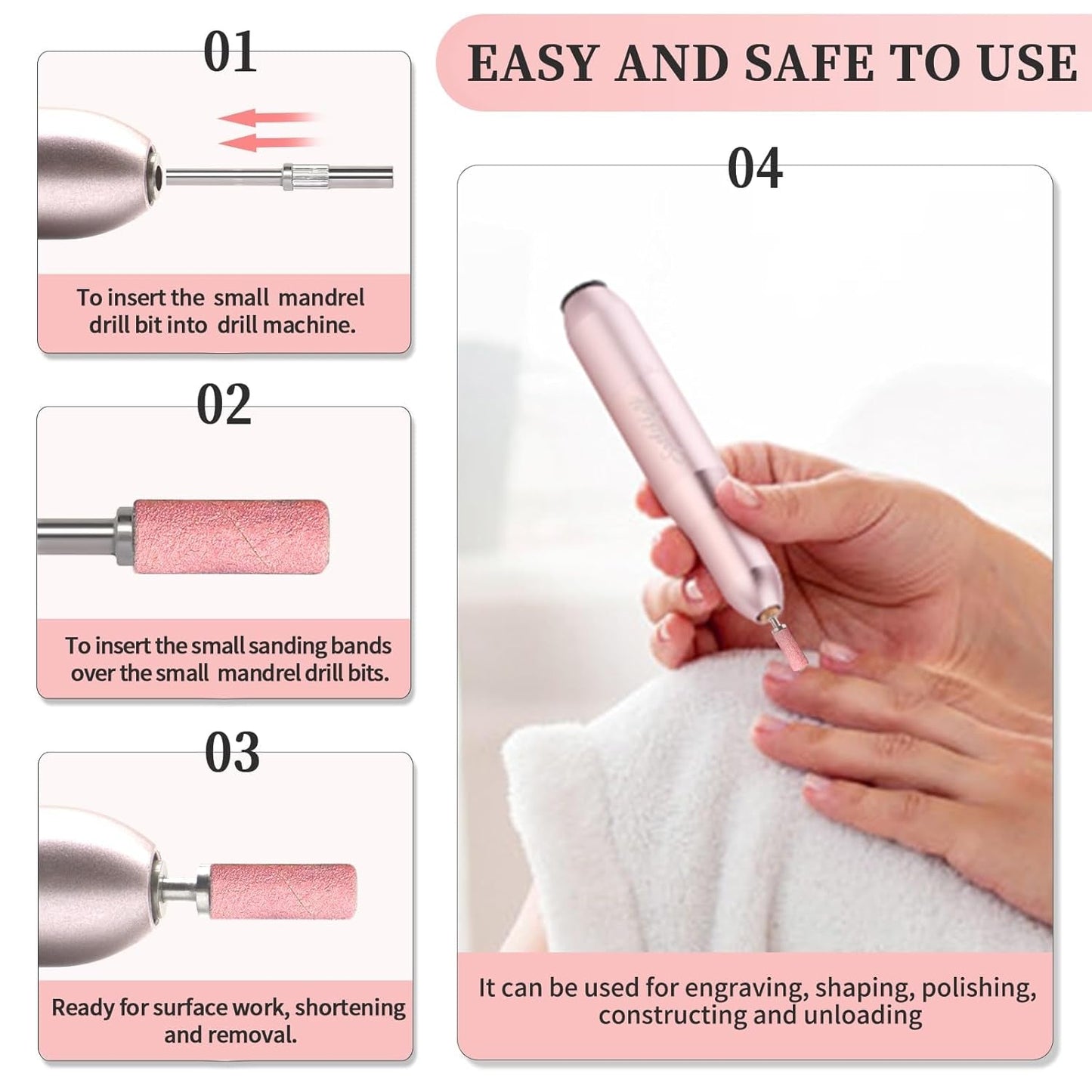 BLESWIN Nastri abrasivi piccoli per punte da trapano per unghie, 100 pezzi, grana fine 240 con 2 punte da trapano da 3 mm, mini nastri abrasivi per lucidare unghie naturali e pulire cuticole per la preparazione, rosa