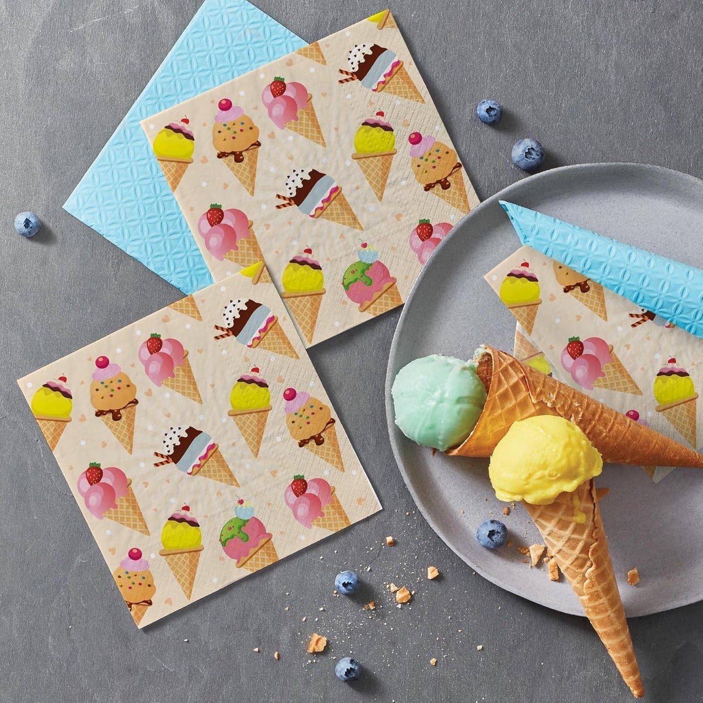 PAW - Tovaglioli 3 Veli (33 X 33 Cm) I 20 Pezzi I Perfetti per Feste, Compleanni, Festività I Decorazioni da Tavola per Feste per Bambini - Tovaglioli di Carta con Motivi Colorati - Gelato I Gelato