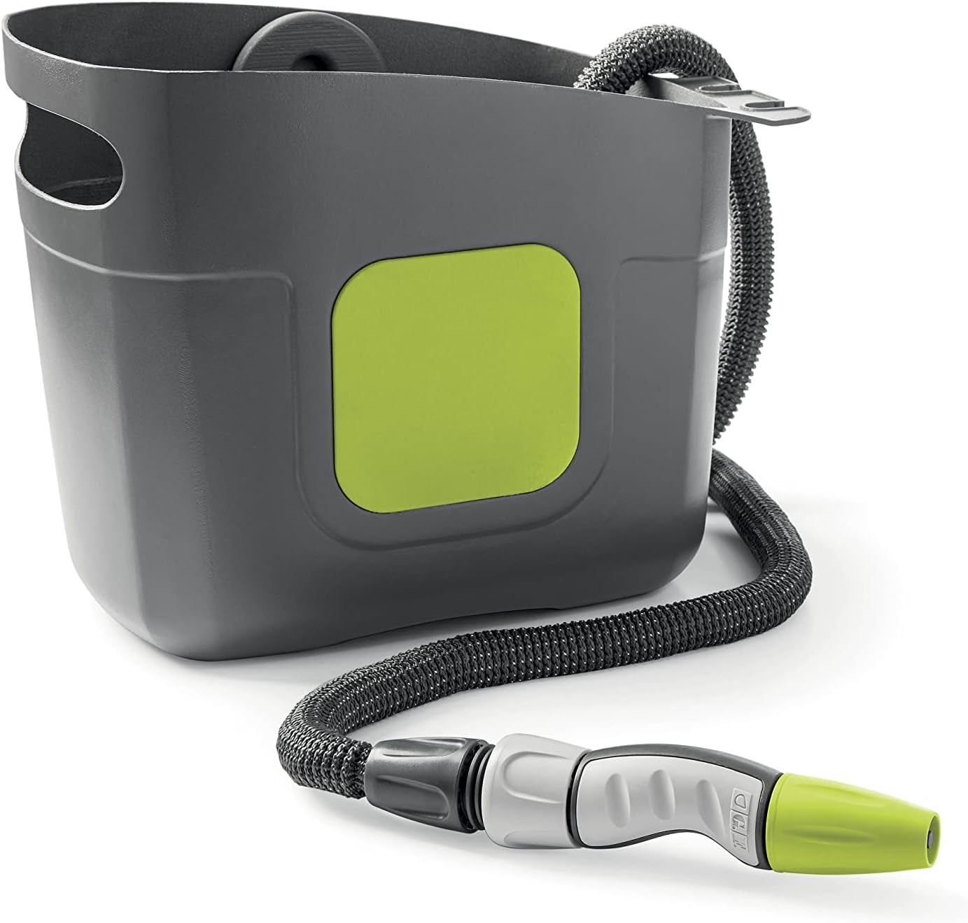 GF SRL, Aquapop Grey Pro 15, tubo trecciato autoestensibile Made in Italy, con contenitore in plastica rigida, mini spruzzatore ergonomico da giardino, attacchi per irrigazione giardino, grigio scuro