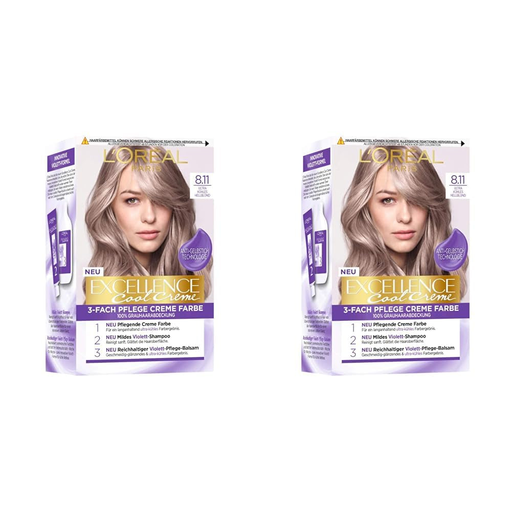 L'Oréal Paris Permanent Hair Colour Risultato colore, copertura al 100% dei capelli grigi, set con tintura, shampoo e crema curativa, Excellence Cool Creme, N. 8.11 Ultra Cool Light Blonde (biondo) (confezione da 2) Tinture per capelli Naty Shop Titolo predefinito