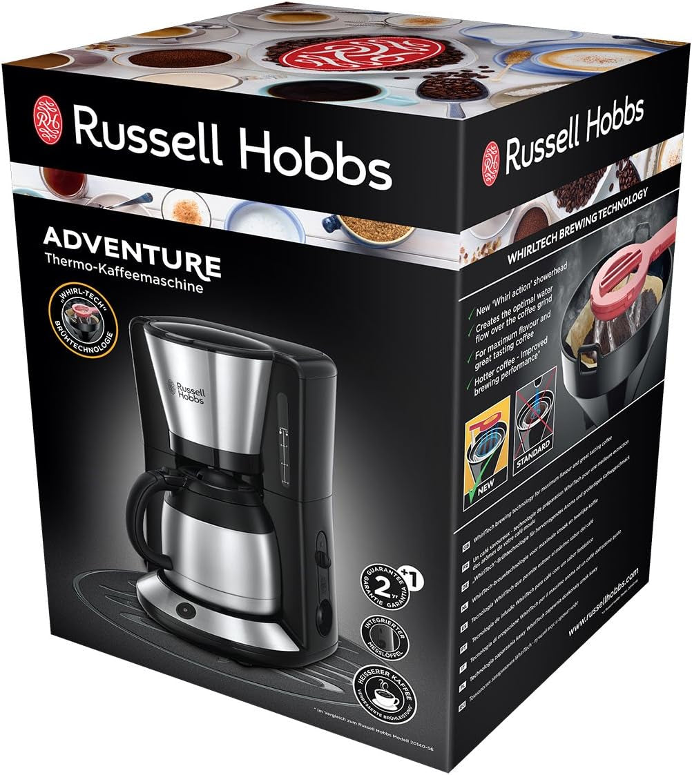 Macchina per caffè Russell Hobbs [soffione doccia per estrazione e aroma ottimali] Adventure (da 1 a 8 tazze, caraffa termica da 1,0 litri, spegnimento automatico, sistema antigoccia, 1100 W) Macchina per caffè con filtro 24020-56
