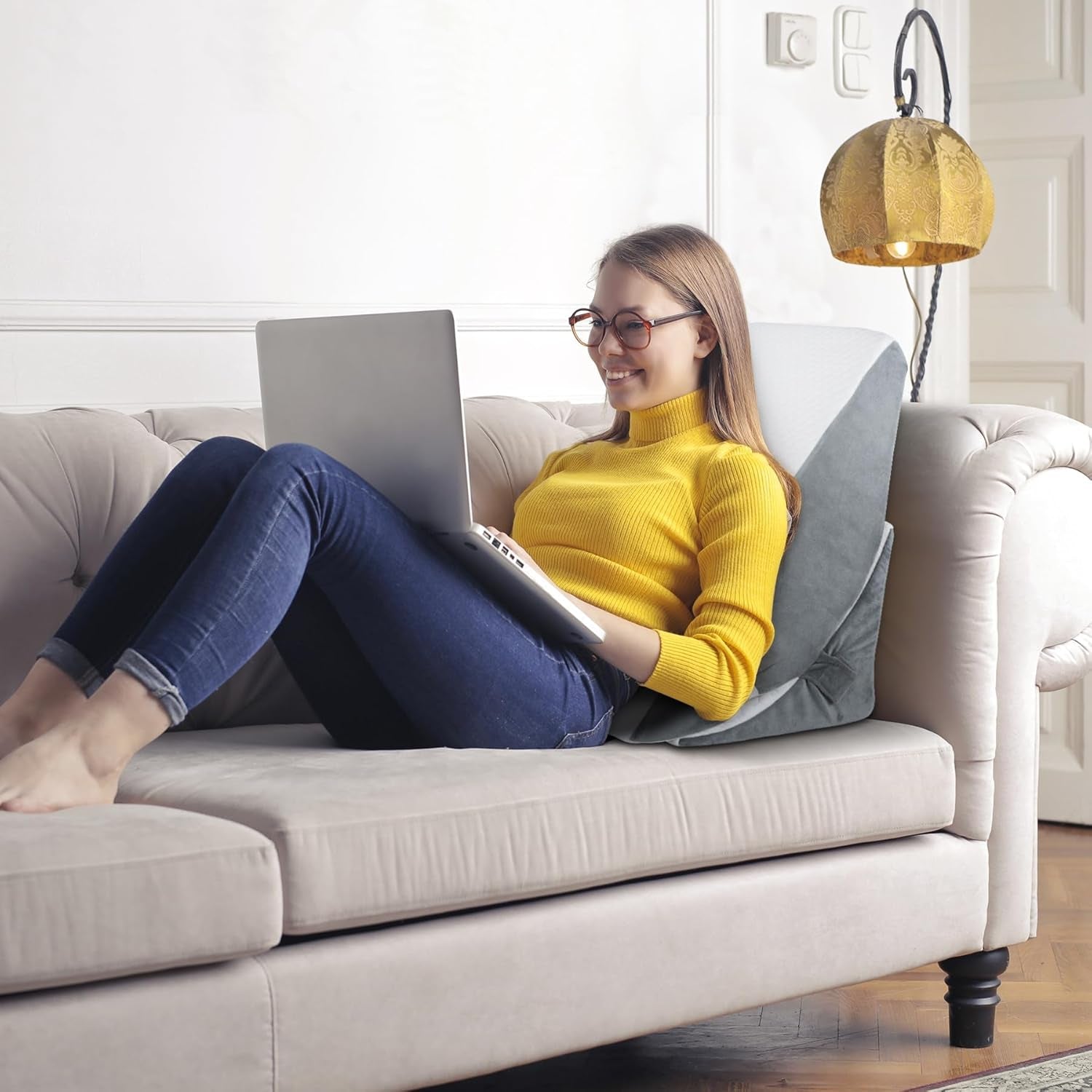 Cuscino a cuneo regolabile, cuscino da lettura in schiuma ad alta densità con rotolo per il collo per letto e divano, cuneo da letto ergonomico per apnea da reflusso notturno, cuscino per le gambe, cuscino per la schiena per leggere, giocare o guardare la TV