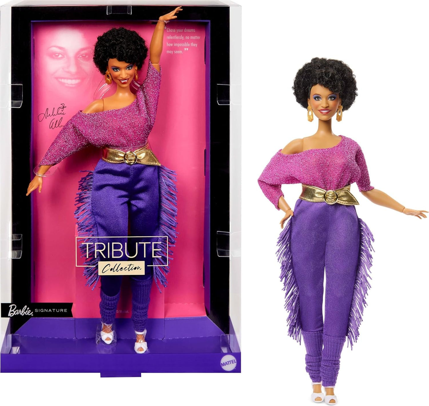 Barbie Signature Debbie Allen Tribute Collection Doll con top con spalle scoperte, cintura dorata e pantaloni e leggings con frange viola, JBJ24