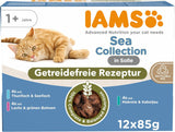 IAMS Delights Sea Collection Cibo umido per gatti senza cereali - Confezione multipla con varietà di pesce in salsa, cibo umido senza cereali per gatti a partire da 1 anno, 12 x 85 g