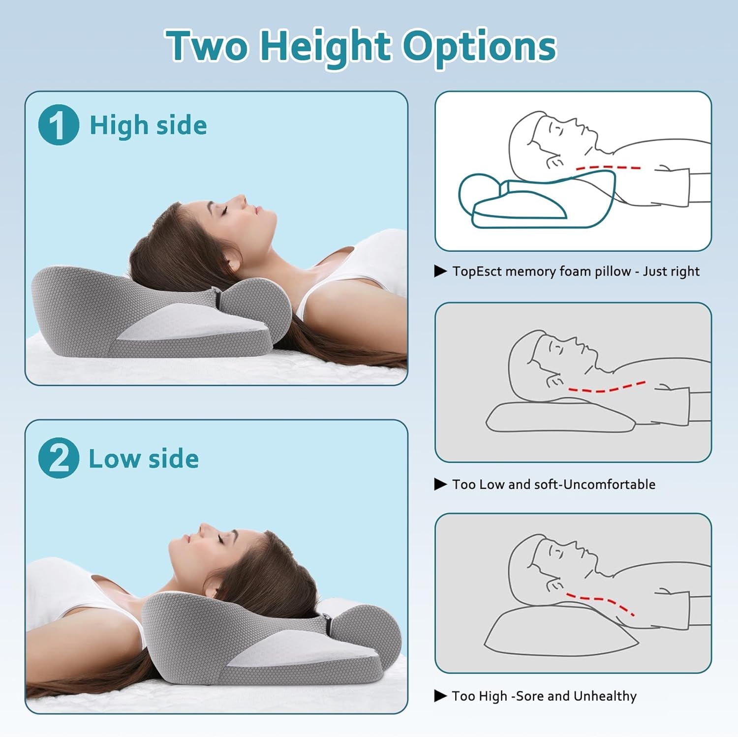 TopEsct Cuscino in Memory Foam, Cuscino per chi dorme sul fianco, Cuscino per il collo, Cuscino per la testa per chi dorme sul fianco e sulla schiena (Grigio)