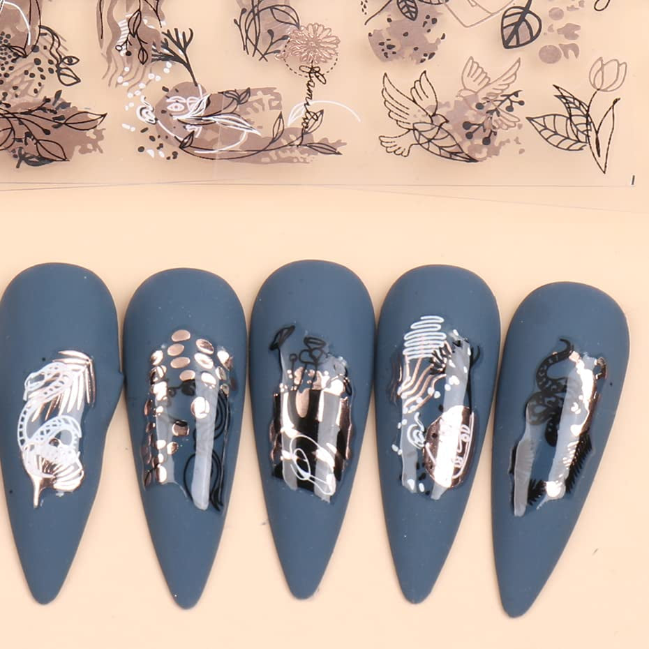 JMEOWIO Nagelsticker Rose Gold Schwarze Blume 12 Blatt Nail Art Sticker Selbstklebend Nagelaufkleber Frühlings Linie Abstract Blatt Dekoration Nageldesign Zubehör