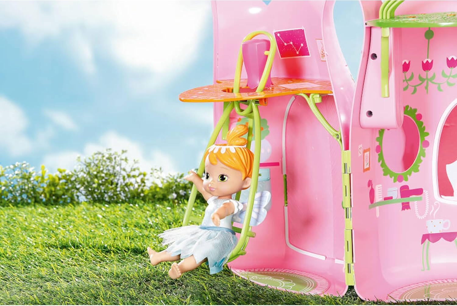 BABY Born Storybook Cottage, Casa delle Bambole Pieghevole per Bambole da 18 cm con Tavolo, Camino, Chaise Lounge e Telescopio, Rosa Verde, 833803 Zapf Creation Dollhouses Naty Shop