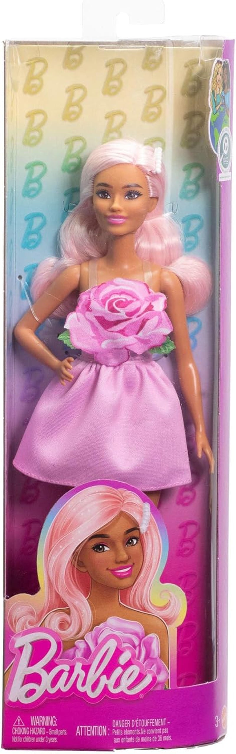 Bambola Barbie Fashionistas n. 238 con capelli rosa pastello, abito senza spalline con corpetto rosa, fermaglio per capelli con perle e tacchi alti e mollette, HYT94