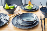 SANGER | Tokyo Set di stoviglie Set di stoviglie in gres da 12 pezzi per 4 persone, inclusi piatti piani, piatti da dessert e ciotole, blu scuro con accenti neri | LA COLLEZIONE PREMIUM