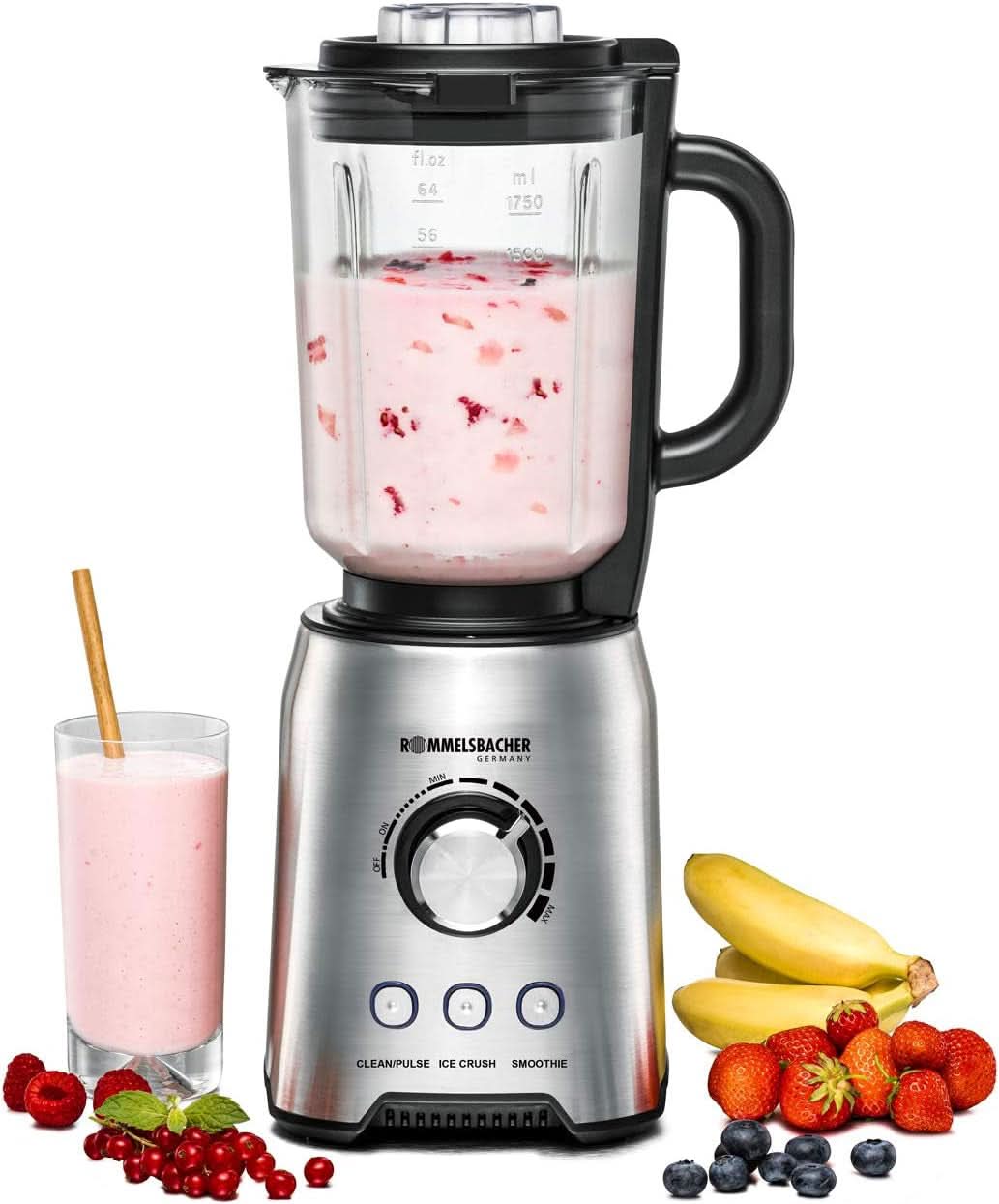 ROMMELSBACHER Robot da cucina MX 1250-22.000 U/Min, Stufenlose Drehzahlregulierung, Funktionsstasten (Smoothie, Clean/Pulse, Ice Crush), Glaskrug, Edelstahlgehäuse, Spezialmesser, 1200 Watt Kitchen Naty Shop