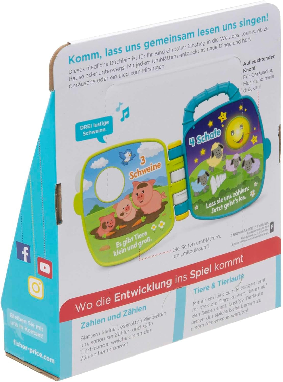 Fisher-Price Libro dei Canti Musicali degli Amici degli Animali | Giocattolo per bambini da 6 mesi, 1 anno per ragazze e ragazzi | Giocattolo per bambini | Libro di musica con suoni ed effetti luminosi | Giocattolo educativo (tedesco), GFP29 Jucarii Bebe Naty Shop