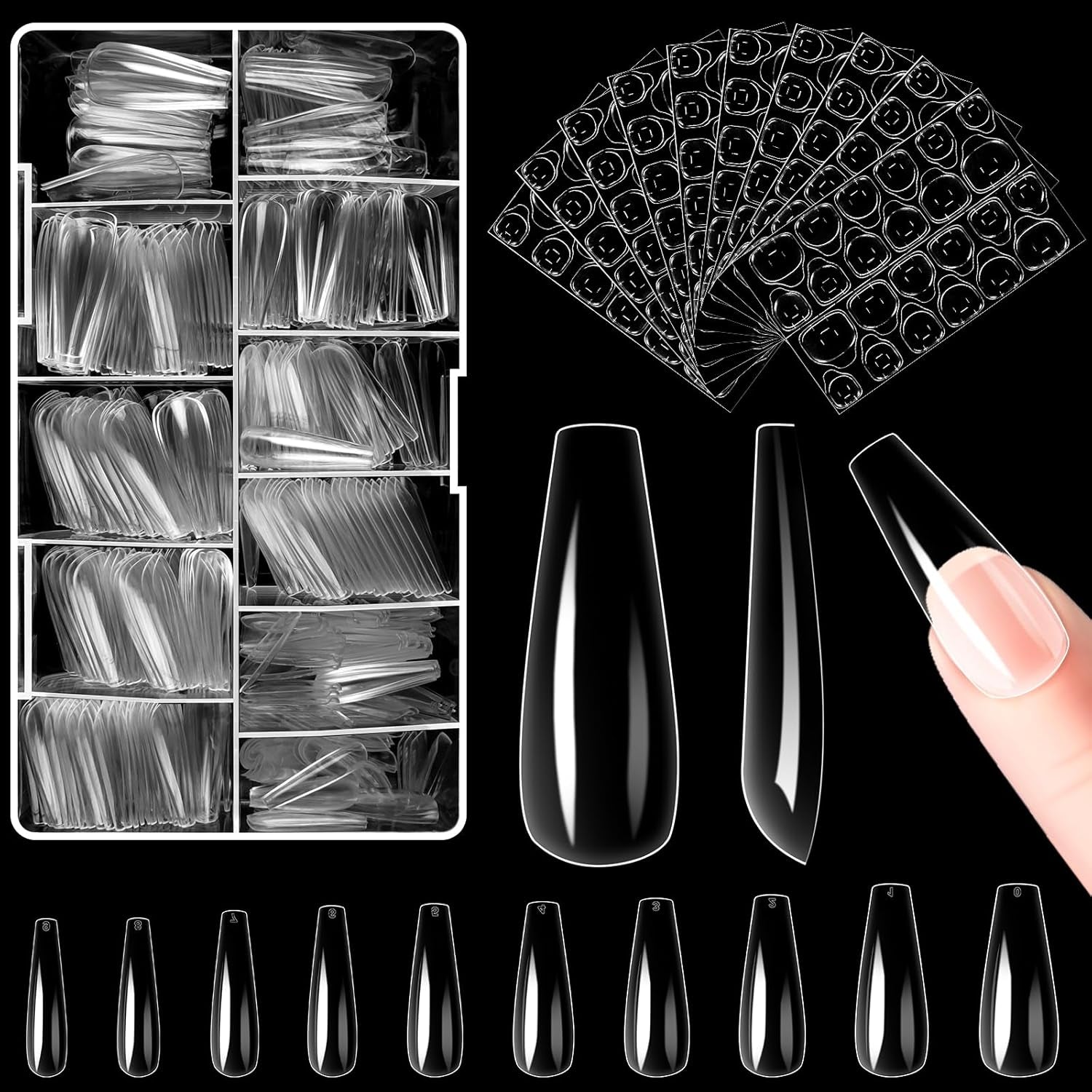 Alyvisun Punte per Unghie Balletto, 500 Punte per Unghie Acriliche a Copertura Completa con Set di 240 Adesivi per Unghie, 10 Dimensioni Punte per Unghie in Gel Trasparente Punte per Unghie in Gel Morbido Punte per Unghie Ballerina
