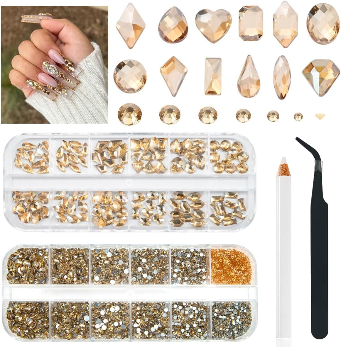 2630 pietre scintillanti di cristallo AB per unghie, 120 12 tipi di pietre scintillanti grandi + 2510 pietre di vetro rotonde K9 di 6 dimensioni per unghie, strass, disegni per unghie, ciondoli per unghie per Face Art