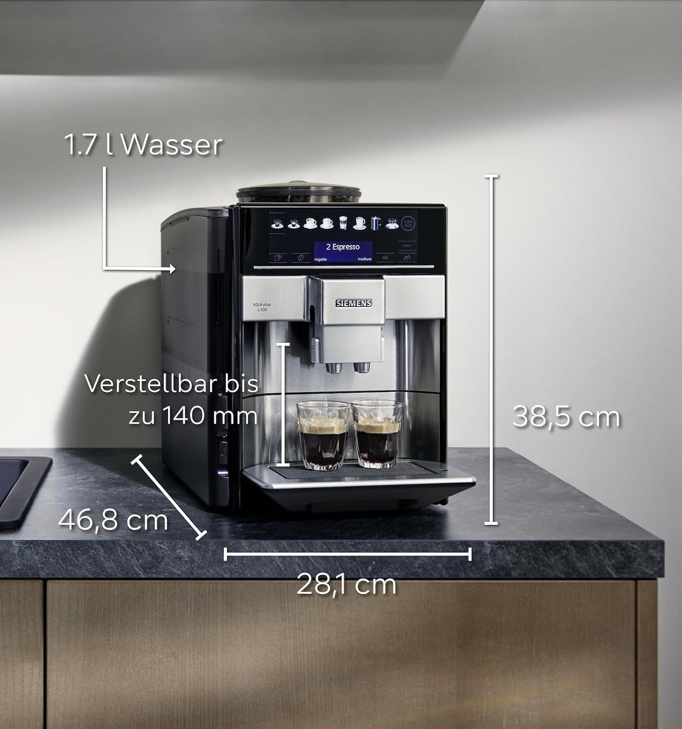 Macchina per caffè espresso automatica Siemens EQ.6 plus s700 TE657503DE, per molte specialità di caffè, montalatte, macinacaffè in ceramica, doppia funzione caffè, anticalcare, pulizia automatica a vapore, 1500 W, acciaio inossidabile