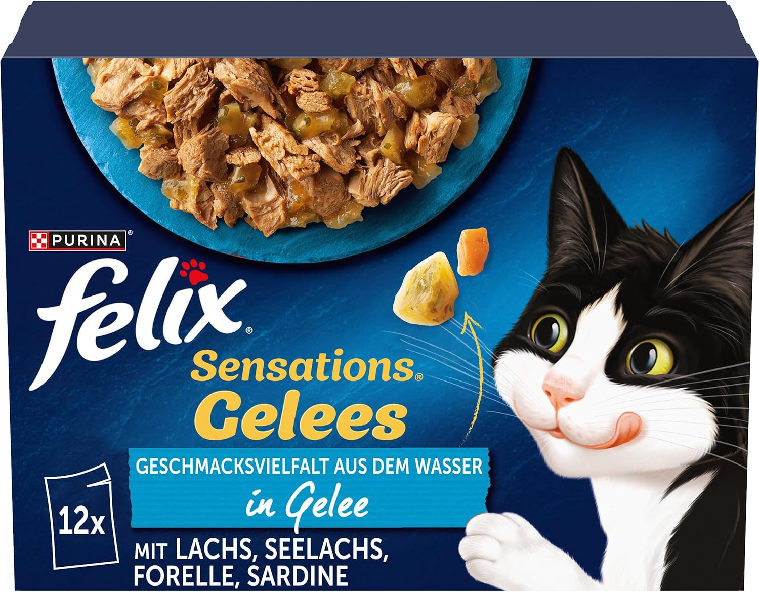 Felix Sensations Cibo umido per gatti in gelatina, mix di pesci assortiti, confezione da 6 (6 x 12 buste da 85g ciascuna)