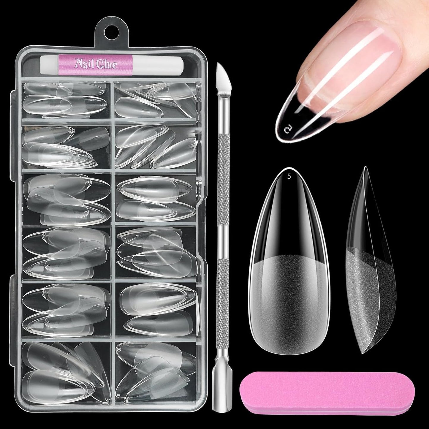 Unghie corte a copertura totale 120 pezzi 12 misure Punte corte per unghie in gel Colla su unghie artificiali Colla su set di lime per unghie Lucidatore per unghie Spingi cuticole