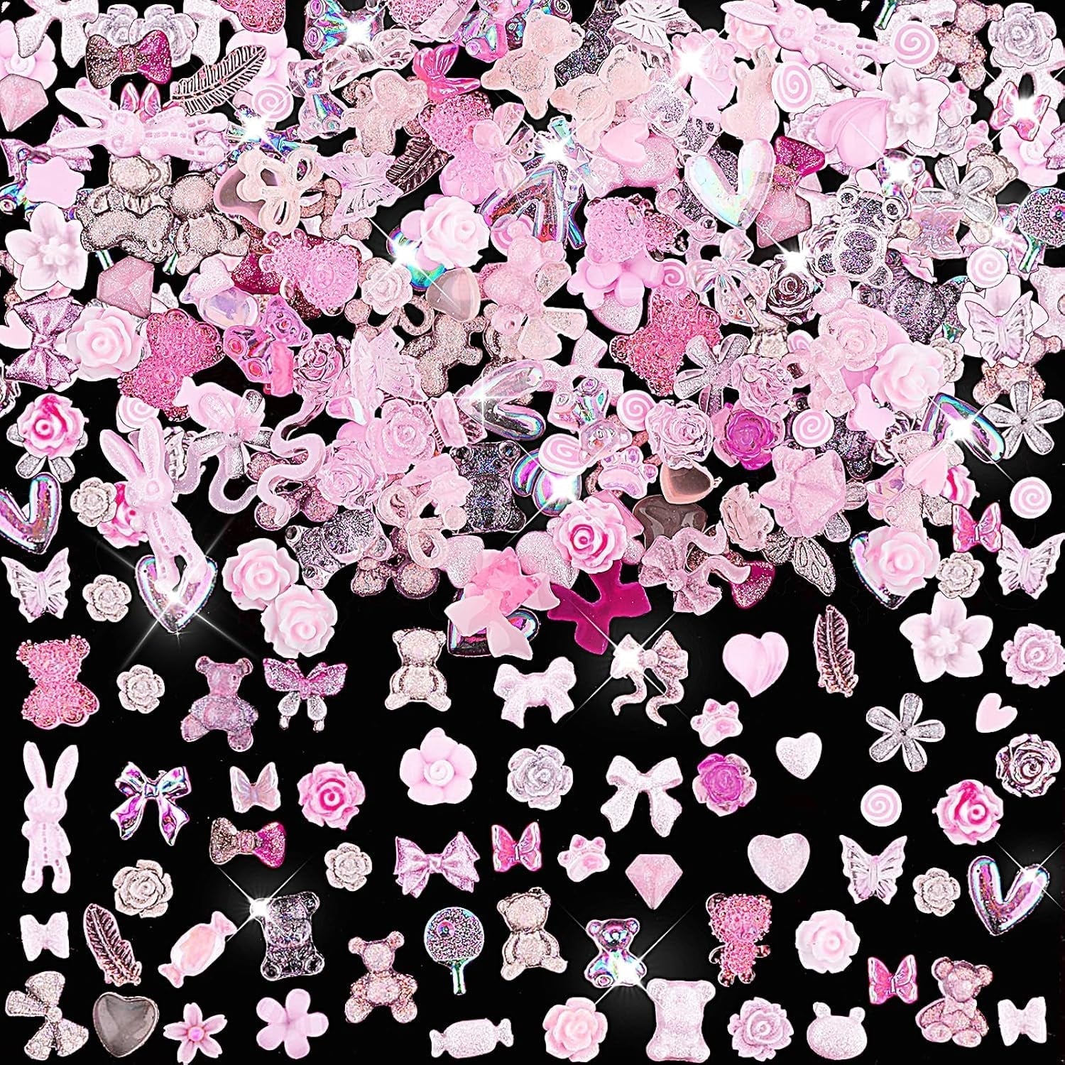 200 Pezzi Ciondoli per Nail Art Set di Decorazioni per Nail Art 3D Fiocco per Unghie Ciondolo Rosa Stile Misto Fiocco Fiore Orsacchiotto Lecca-lecca a Forma di Cuore Decorazione per Nail Art Artigianato Fai da Te Nail Design
