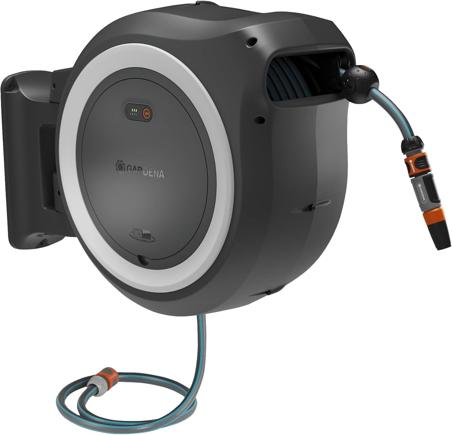 Gardena PowerRoll XXL Solo - Scatola portagomma a parete senza fili: avvolgitubo automatico con tubo da giardino da 40 m, guida tubo e RollControl, alimentato a batteria, resistente ai raggi UV e al gelo (18647-55)