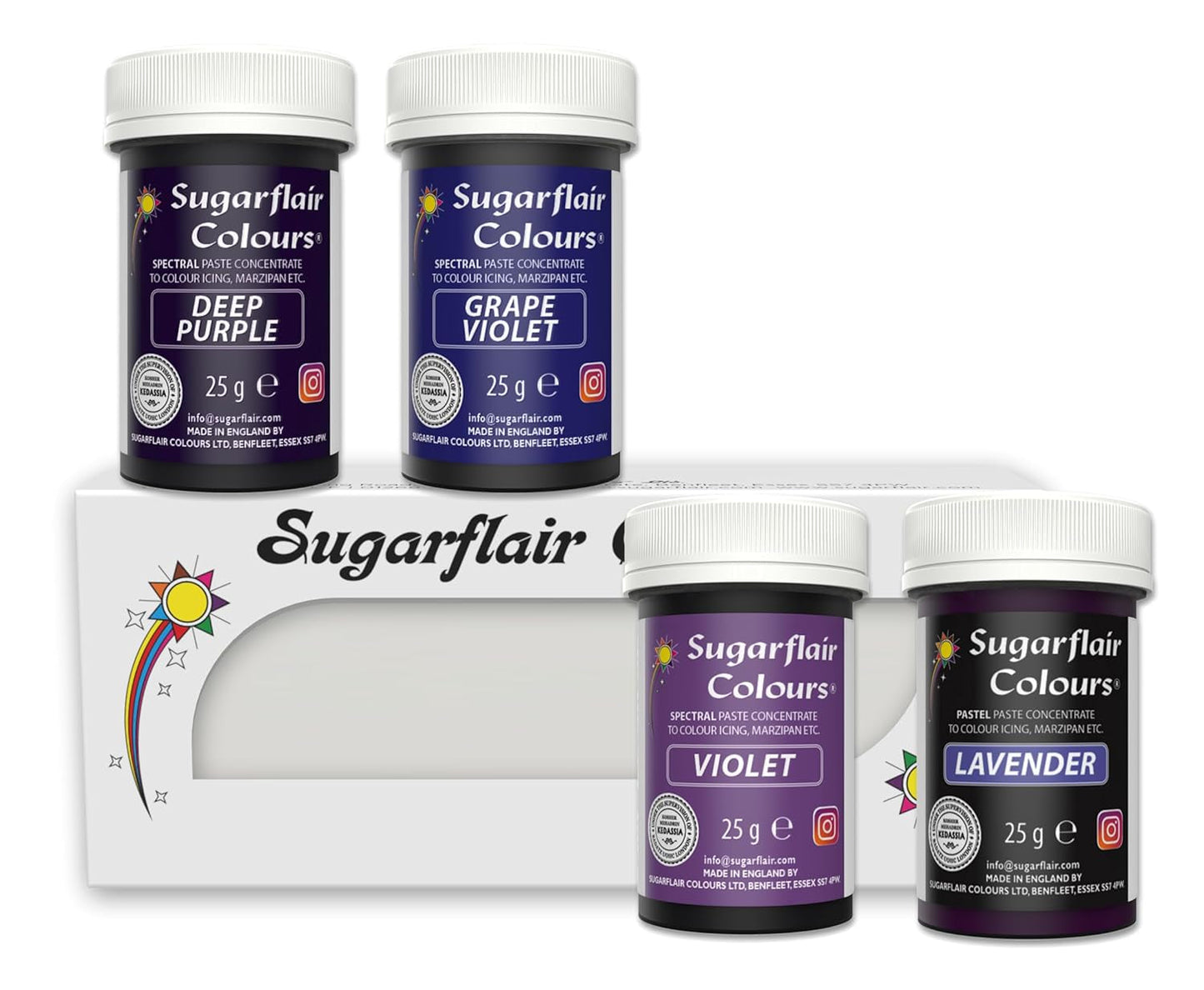 Sugarflair Pasta Coloranti Alimentari Viola Set di 4 Coloranti Alimentari per Pasta Fondente Marzapane Pasta di Zucchero Crema di Burro e Altro: Viola, Lavanda, Viola Uva, Viola Scuro - Set di 4