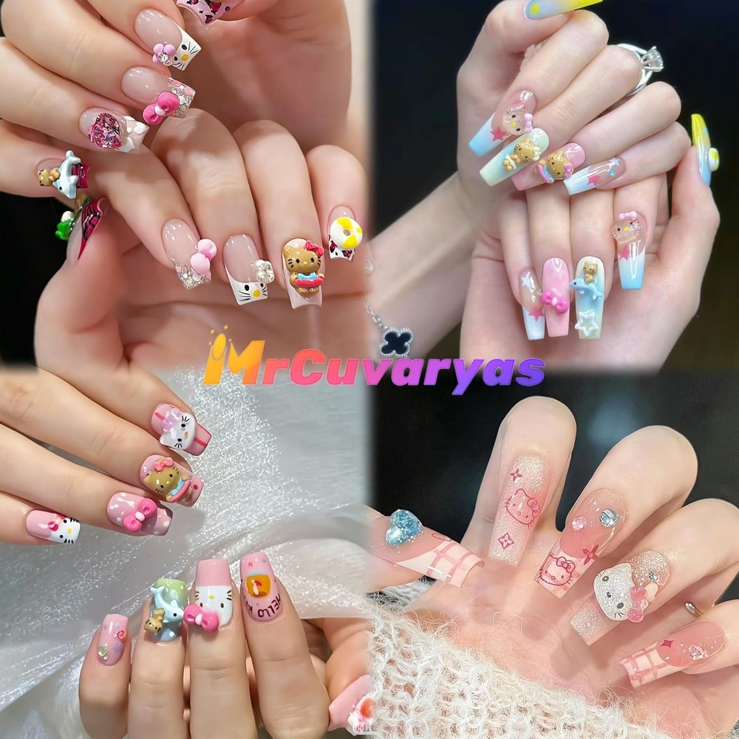 Adesivi per unghie gatto 3D, glitter per unghie, paillettes, adesivi per unghie in resina, gemme per unghie, diamanti per nail art, incluso bastoncino di cera per unghie con strass (Gatto colorato)