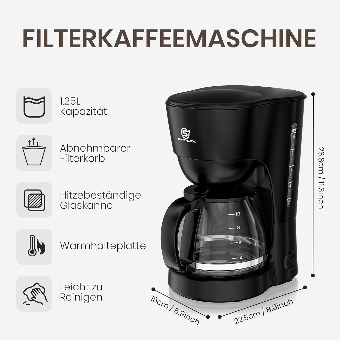 Caffettiera con filtro da 1,25 l per 10 tazze di caffè con filtro, caraffa in vetro lavabile in lavastoviglie, thermos, sistema antigoccia, spegnimento automatico, 600 W, protezione contro l'ebollizione senza acqua per casa e ufficio