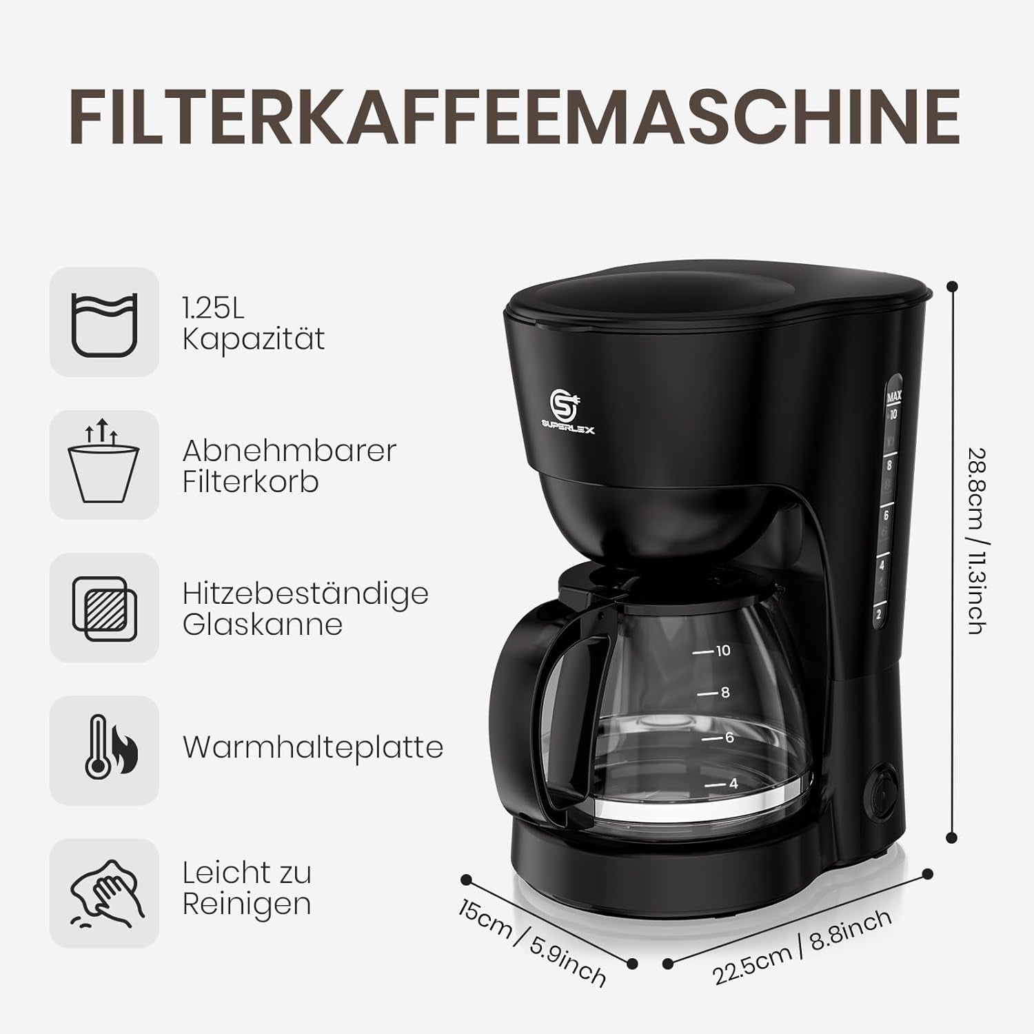 Caffettiera con filtro da 1,25 l per 10 tazze di caffè con filtro, caraffa in vetro lavabile in lavastoviglie, thermos, sistema antigoccia, spegnimento automatico, 600 W, protezione contro l'ebollizione senza acqua per casa e ufficio