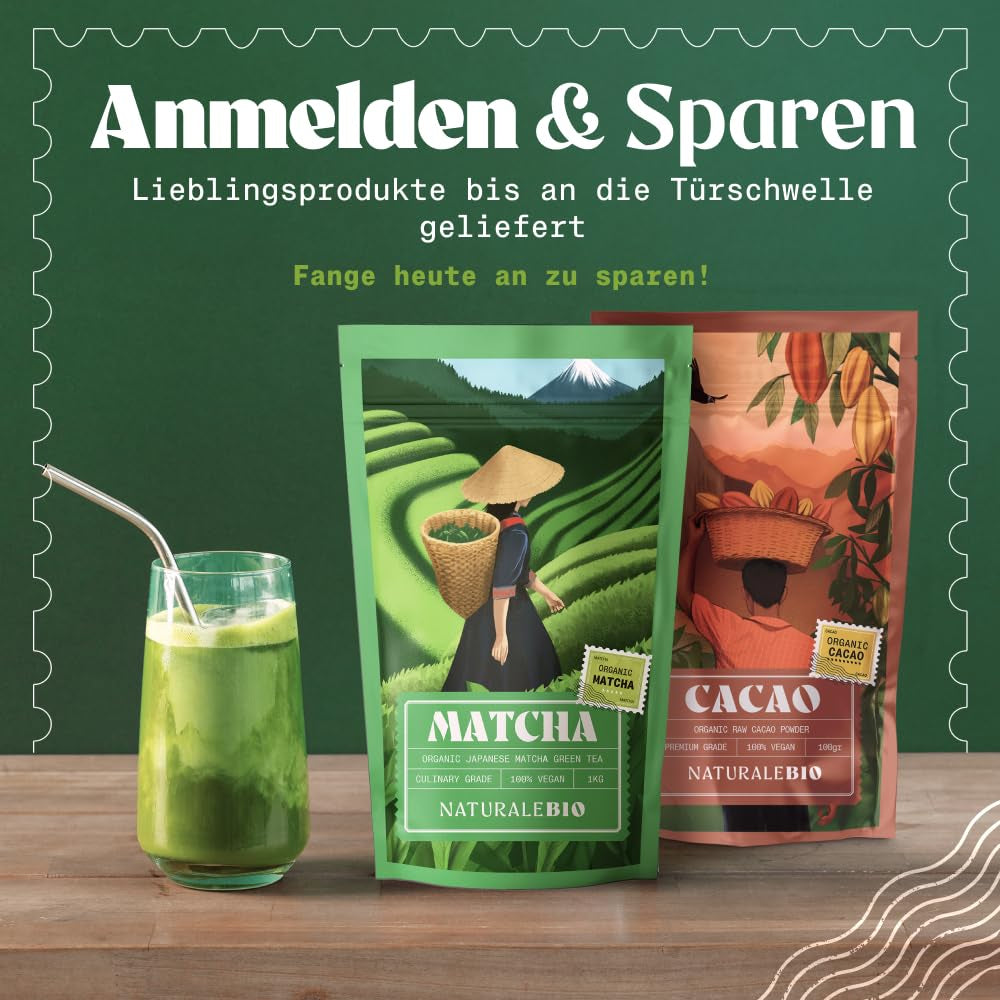 Naturalebio BIO Tè verde in polvere 100 g. Per cucinare e cuocere al forno. Matcha originale giapponese. Tè verde dal Giappone, vegano, senza glutine e non OGM. Prodotto biologico naturale.