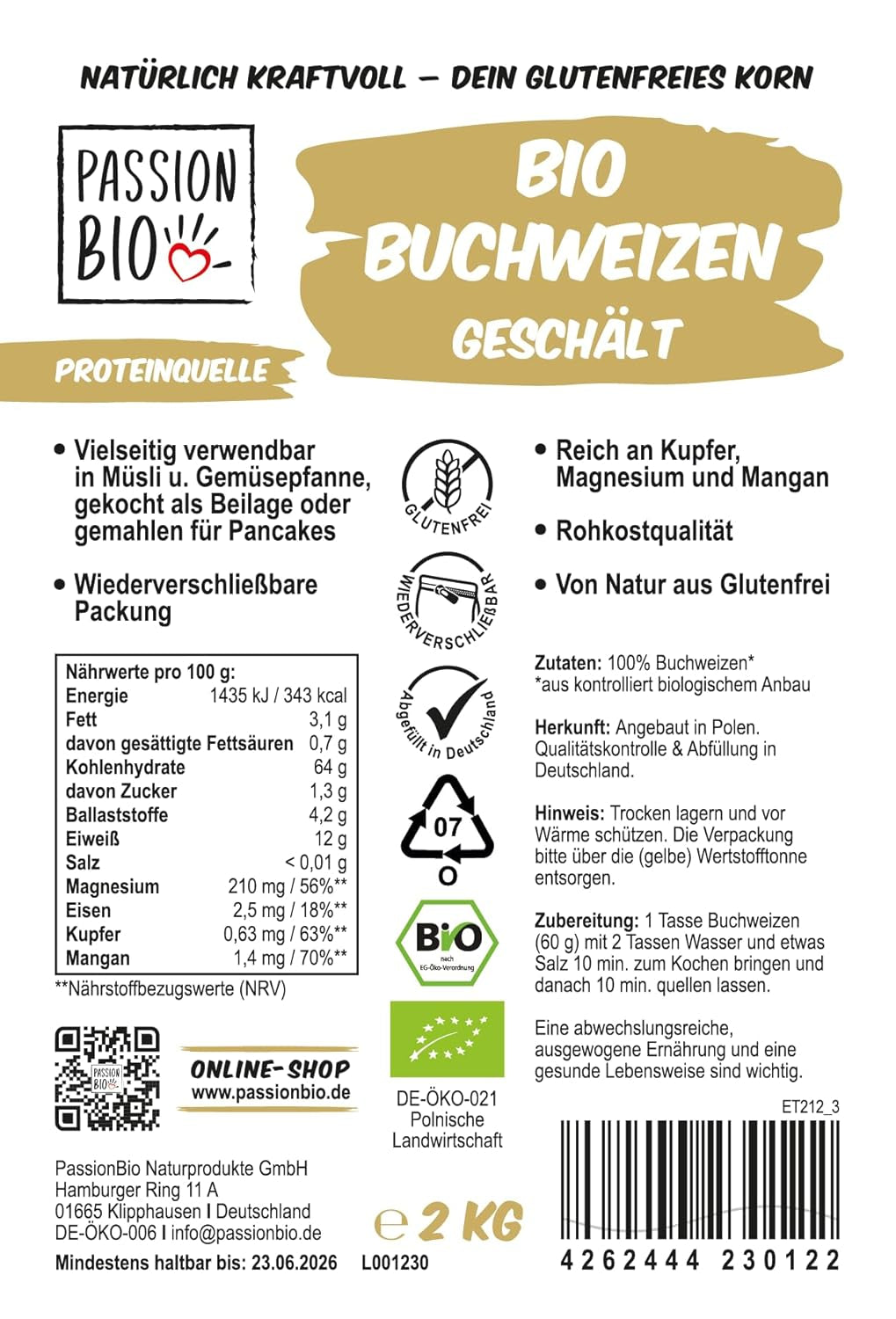 PassionBio Grano Saraceno Bio 2 kg - confezione richiudibile - qualità crudista
