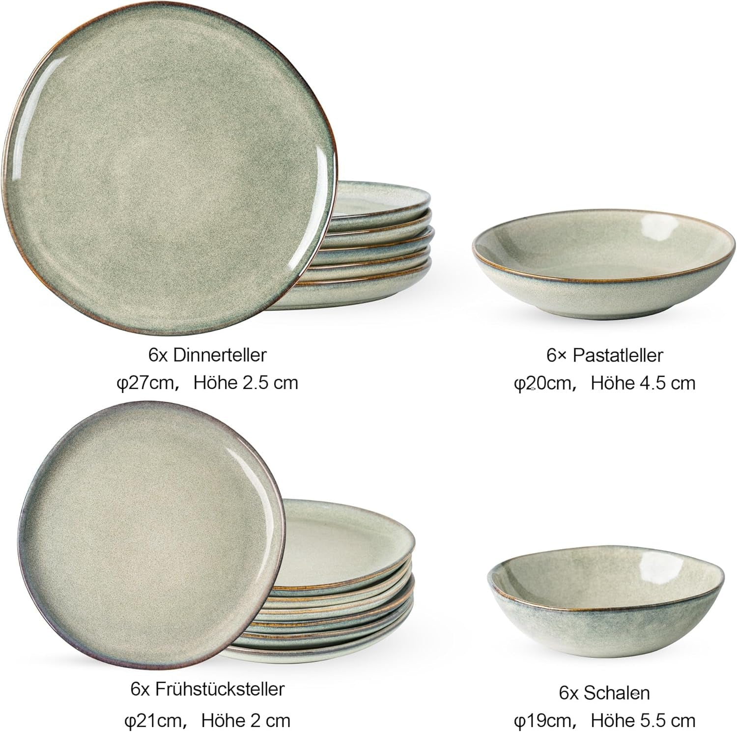 GBhome Set di stoviglie in ceramica per 6 persone, smalto reattivo da 24 pezzi, fatto a mano, adatto per microonde e lavastoviglie, set di ciotole e piatti, Desret Sage GDW007GY-24P-EU
