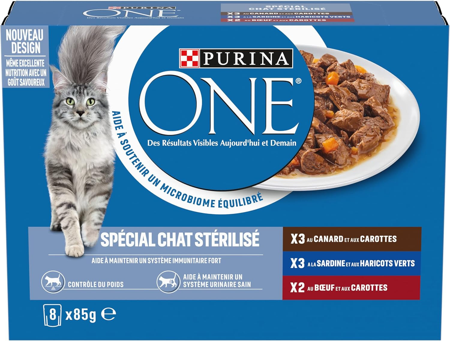 PURINA UNO | BIFENSI | Alimento per gatti adulti sterilizzati | Supporta la vitalità, le ossa, i muscoli e le articolazioni del gatto | In salsa | Buste con anatra, sarde, manzo, freschezza | 1 pezzo (8 x 85 g)