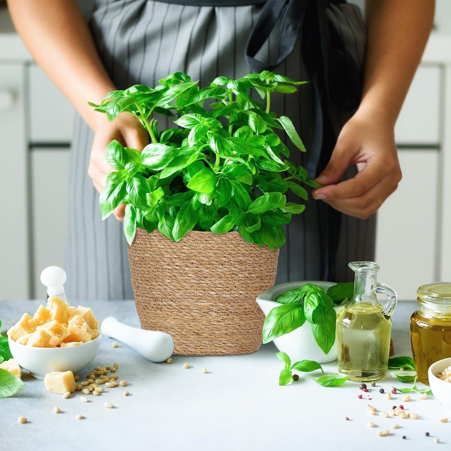 Relaxdays Set di 3 vasi da fiori in alga marina, cesto rotondo per fiori ed erbe aromatiche con fioriera in pellicola, 3 misure, colore naturale