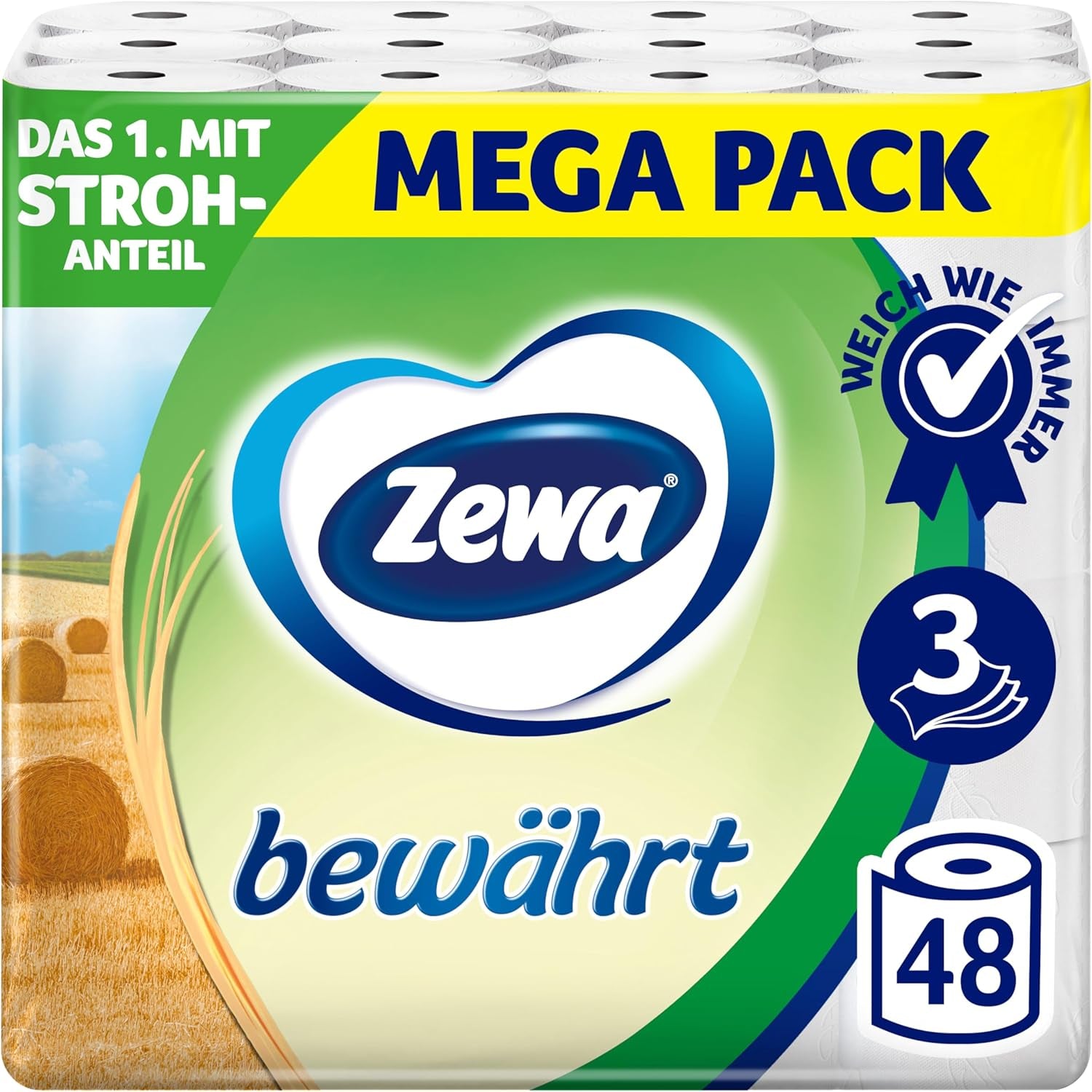 Zewa Proven - 48 rotoli - La prima carta igienica con contenuto di paglia - 3 strati