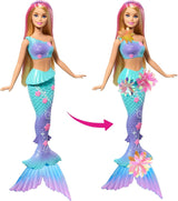 Barbie Meerjungfrauen-Spielzeug Puppe mit magischer Überraschungs Blüte, Schwanzflosse mit Farbverlauf, perlenbesetzten Haarreif und langem blonden Haar mit rosa Strehchen, JDM72