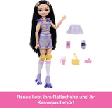 Bambola Barbie Dream Besties e accessori, bambola Barbie Renee alla moda con pattinaggio a rotelle e capelli neri, 12 accessori a tema con video e cibo, JFX99
