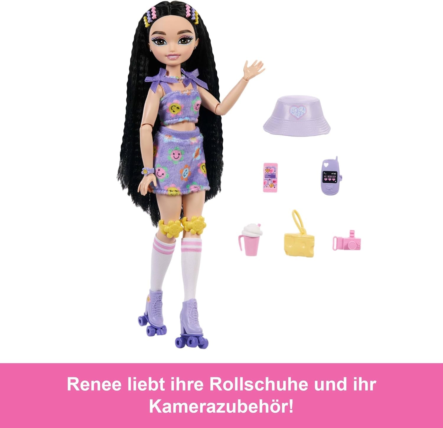 Bambola Barbie Dream Besties e accessori, bambola Barbie Renee alla moda con pattinaggio a rotelle e capelli neri, 12 accessori a tema con video e cibo, JFX99