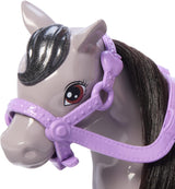 Barbie Chelsea e Pony - Allaccia le cinture per giocare e cavalcare in tutta sicurezza, sella e gradini rosa, include casco e grazioso vestito scozzese, dai 3 anni in su, HTK29