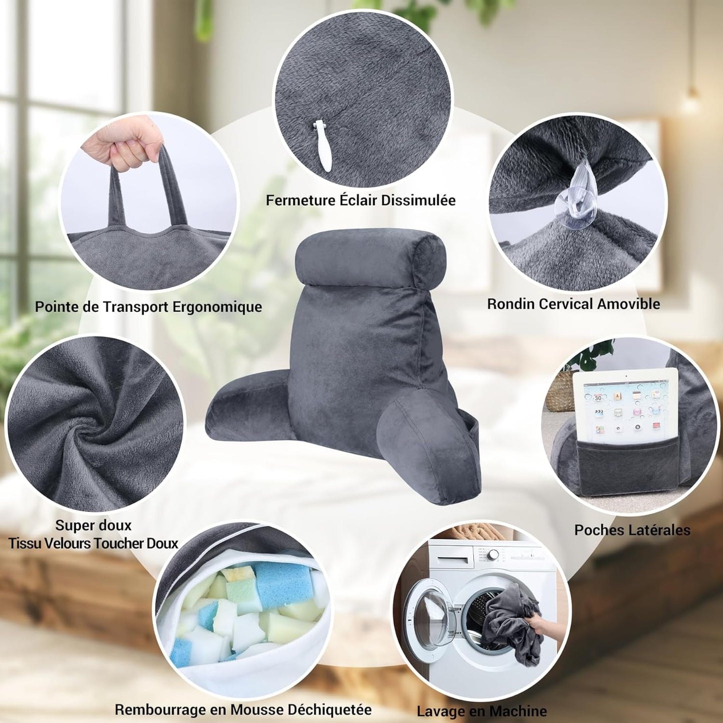 INFANZIA cuscino da lettura ergonomico con braccioli, supporto schienale in memory foam, grigio, M
