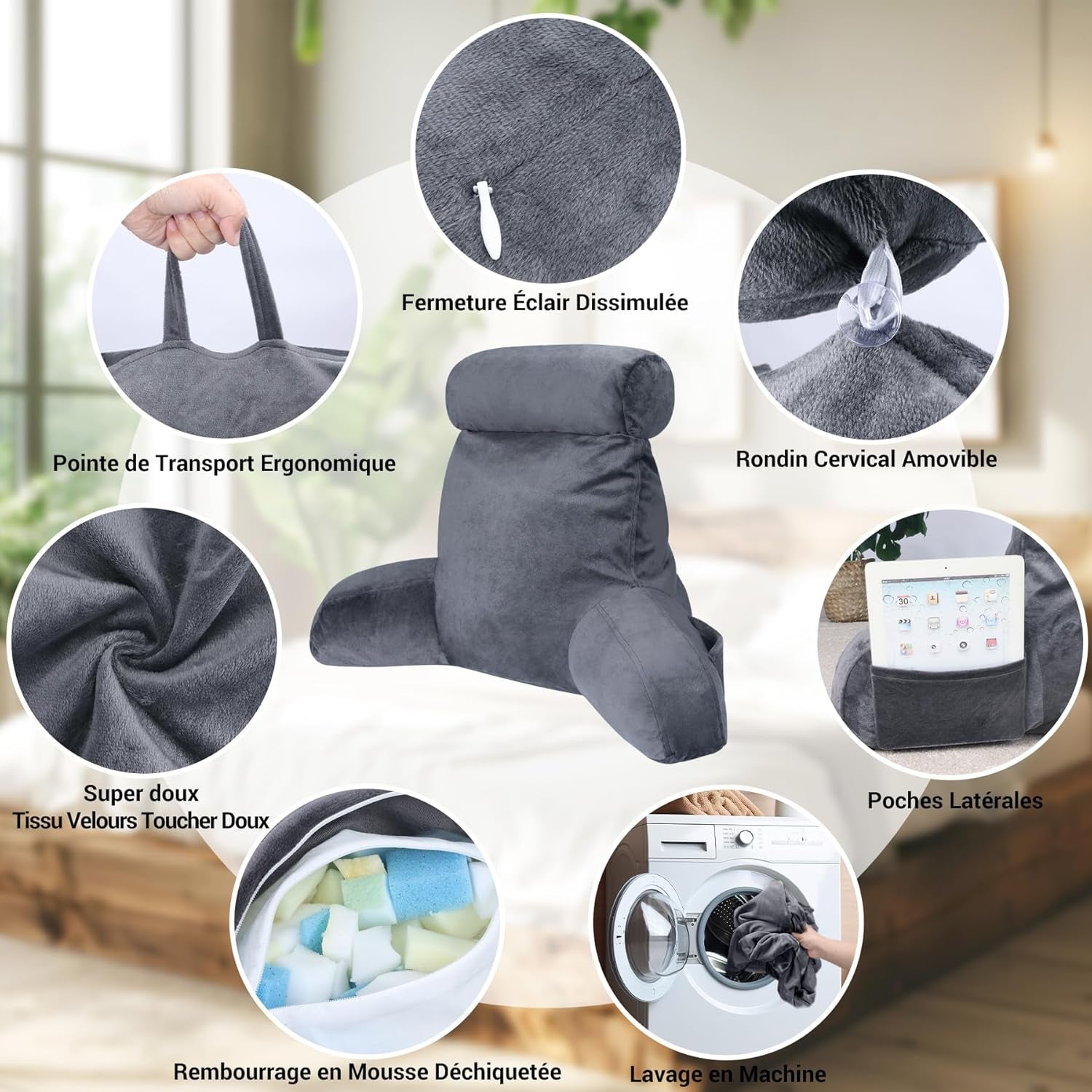 INFANZIA cuscino da lettura ergonomico con braccioli, supporto schienale in memory foam, grigio, M