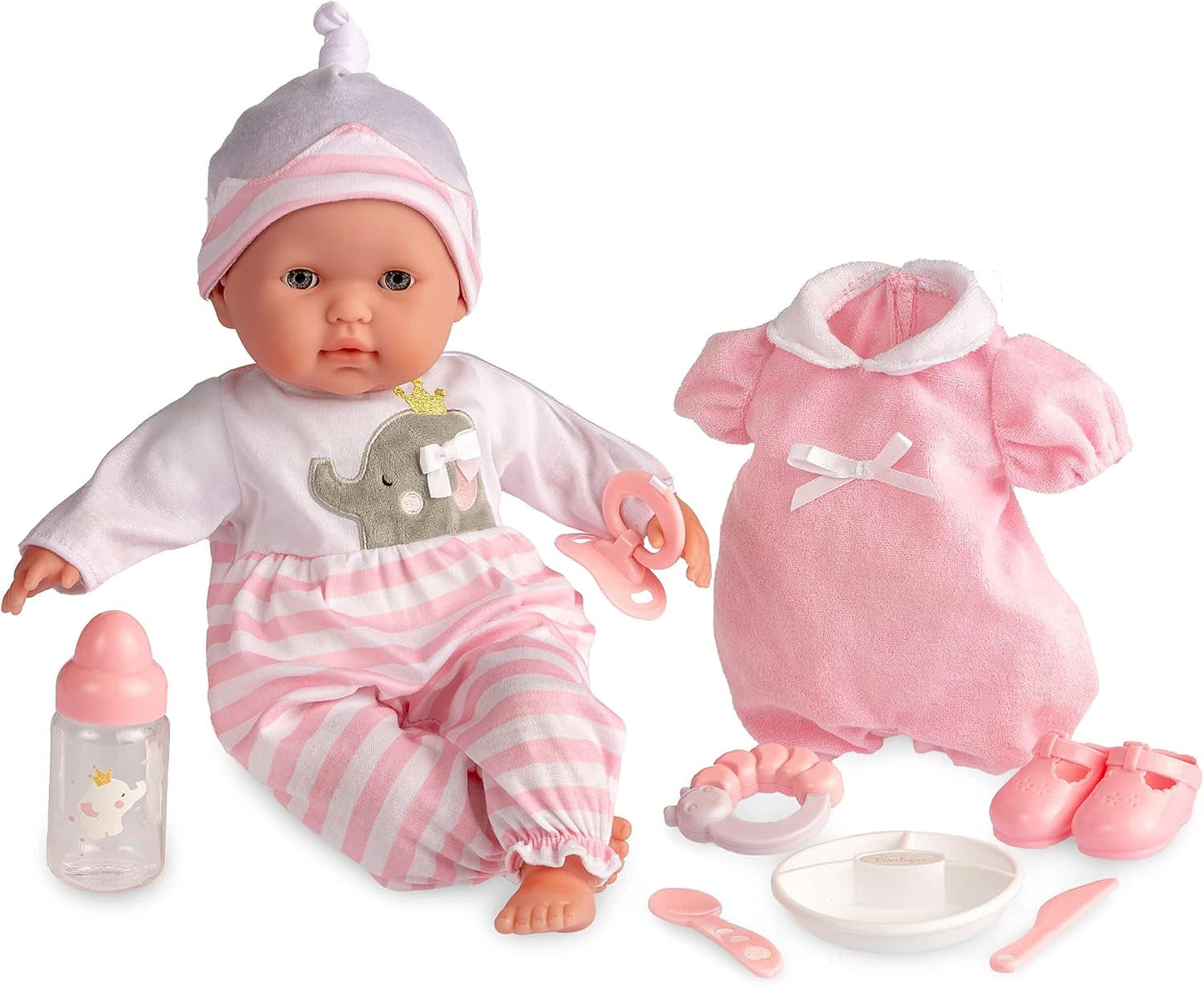 JC Toys - Berenguer Boutique bambola morbida e realistica a bocca aperta/chiusa da 38 cm, set regalo da 10 pezzi, biberon, sonaglio, ciuccio e accessori, rosa, dai 2 anni in su