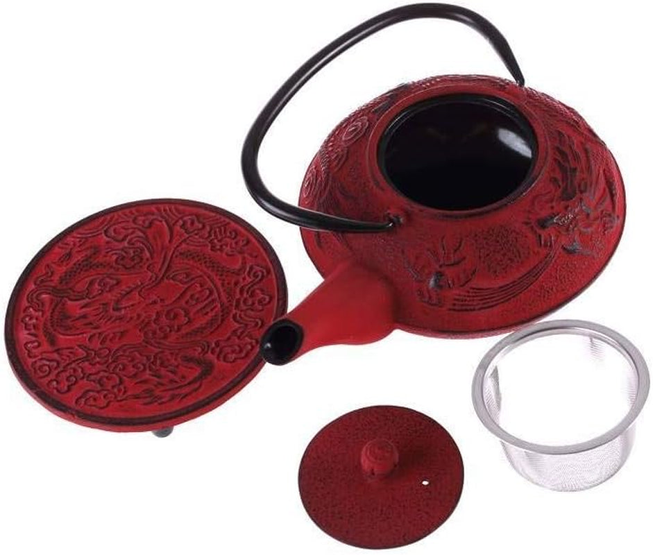 – Set da tè Drago cinese – 1 teiera, 4 tazze in ghisa e colino da tè – Capacità 0,8 l – Decorazione asiatica giapponese – Idea regalo per stoviglie giapponesi – Colore rosso
