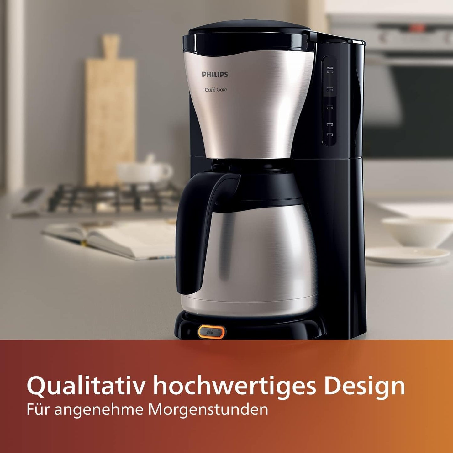 PHILIPS Café Gaia Macchina per caffè espresso con filtro - Caraffa termica in acciaio inossidabile, Sistema antigoccia, Aroma intenso, Spegnimento automatico, 1300 ml, Nero (HD7546/20)