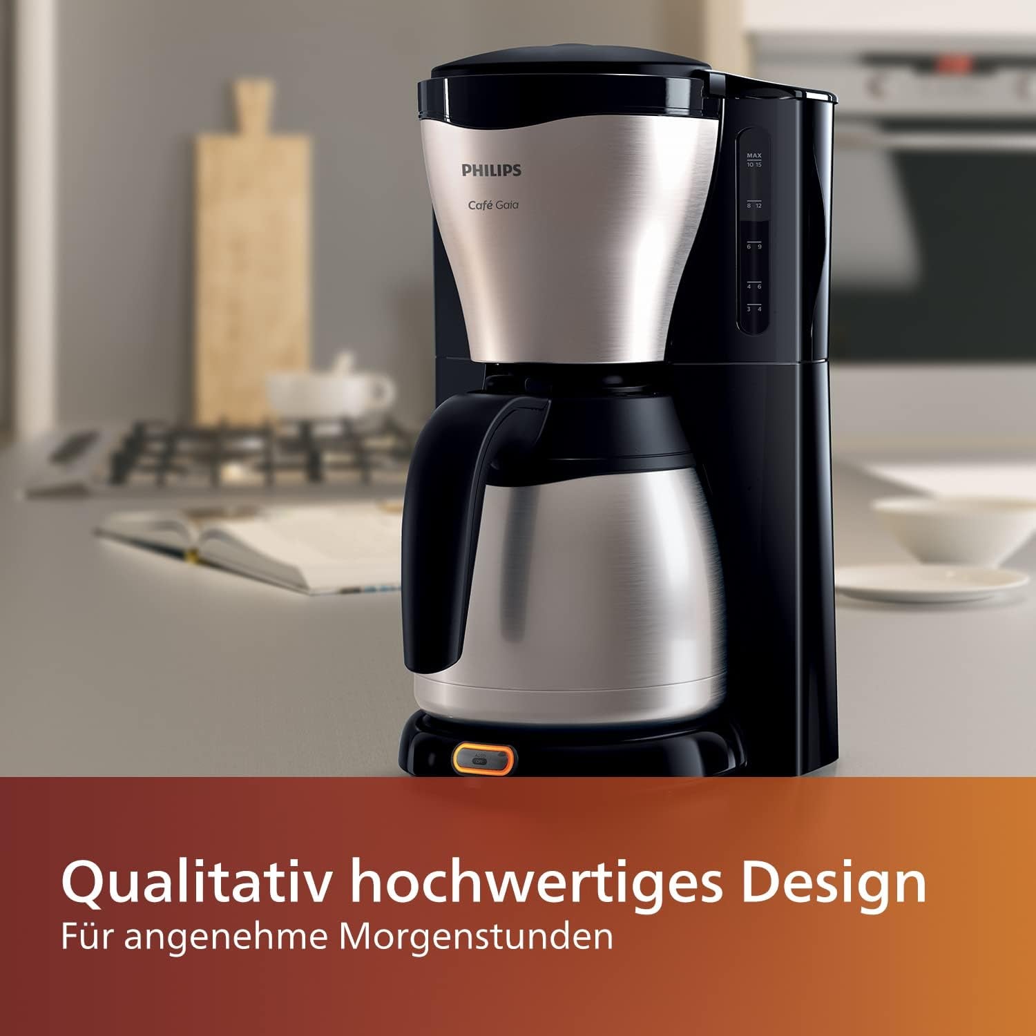 PHILIPS Café Gaia Macchina per caffè espresso con filtro - Caraffa termica in acciaio inossidabile, Sistema antigoccia, Aroma intenso, Spegnimento automatico, 1300 ml, Nero (HD7546/20)