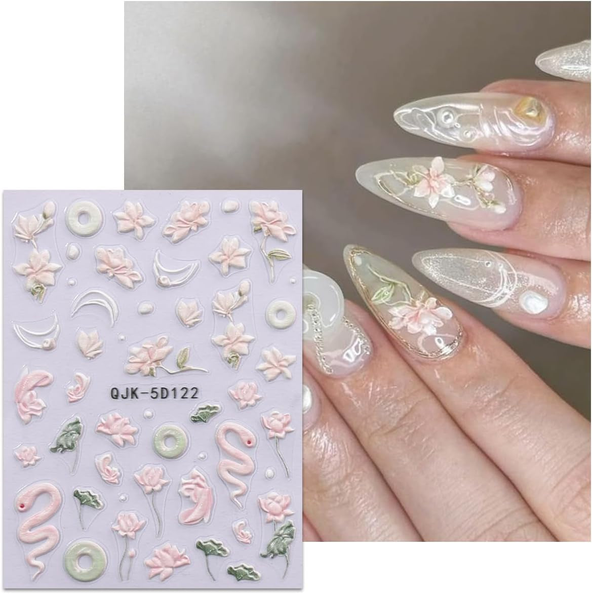 JMEOWIO 3D Nagelsticker Blumen Nail Art Sticker Selbstklebend Nagelaufkleber 5D Stereoscopico Frühling Sommer Dekoration Nageldesign Zubehör 4 Blatt