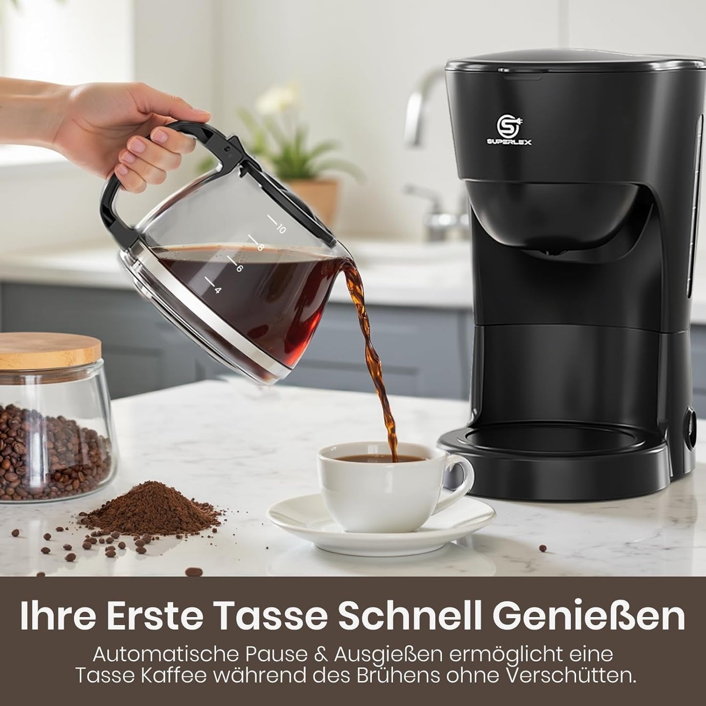 Caffettiera con filtro da 1,25 l per 10 tazze di caffè con filtro, caraffa in vetro lavabile in lavastoviglie, thermos, sistema antigoccia, spegnimento automatico, 600 W, protezione contro l'ebollizione senza acqua per casa e ufficio