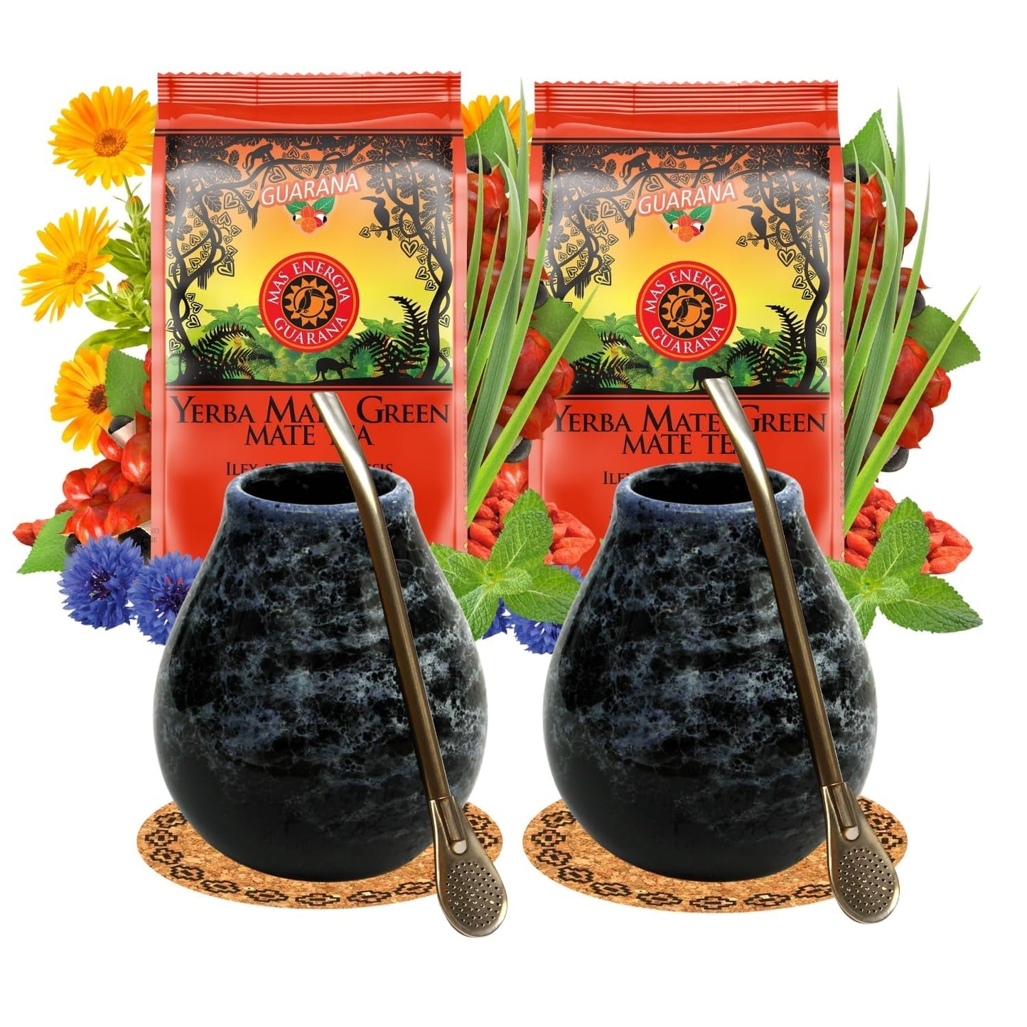 Set da tè Yerba Mate per 2 persone – Mas Energia Guarana 400 g – Tazza in ceramica Marmol Blue 350 ml – Bombilla in acciaio inossidabile 19 cm – Tè sfuso 2 x 200 g